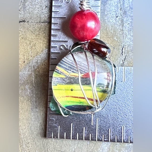 Art Glass Pendant Hand Painted Cabochon, Beaded, Wire Wrapped Handmade  4226 Y - Picture 8 of 11